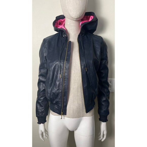JUICY COUTURE LAMBSKIN LEATHER NAVY HOODIE JACKET XS - Picture 2 of 16